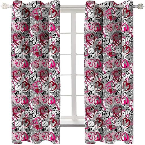 Homxi Vorhang Verdunkelung 2er Set,2 x 137W x 183H cm,Vorhang Modern Blickdicht Grau Rot Herz Vorhang Ösen