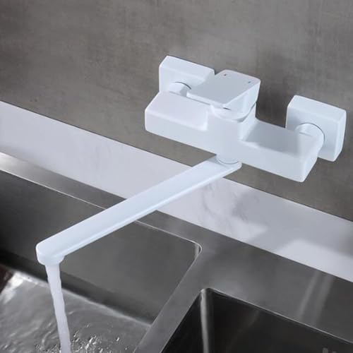 JQFDD Miscelatore Cucina a Muro, Rubinetto Cucina Bianco Acqua Fredda e Calda Ottone Girevole Rubinetto da Muro Cucina-30 Cm