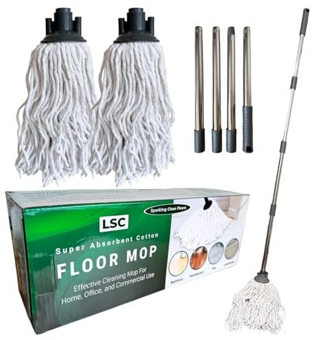 LSC Mocio in Cotone - Mocio a frange con manico in acciaio inox da 120 cm, testina mocio sostituibile extra, mocio assorbente e senza graffi per piastrelle e pavimenti in legno