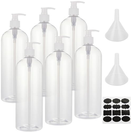 VIDETOL 6 Pcs Plastic Pump Bottle Dispenser, 1000ml/34 oz Refillable Press Pump Bottles, Empty Shampoo and Conditioner Dispenser with Funnel and Labels for Lotion, Shampoo