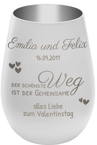 Windlicht mit Gravur ''Der schönste Weg'' - Weiß/Silber - Teelichthalter personalisierbar mit Wunschtext - Geschenk zu Valentinstag Hochzeit Verlobung Jahrestag
