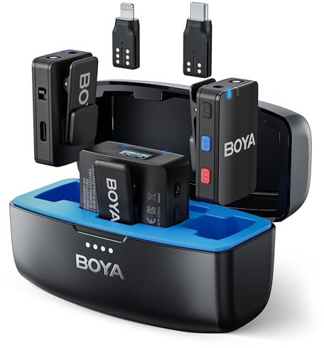 BOYA Micrófono Lavalier inalámbrico MIC para cámara de tabletas iPhone Android, grabación integrada, rango de 960 pies, duración de la batería de 10 horas con funda de carga, micrófono de solapa