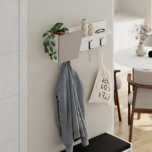 HOCUS PICUS Moderne Wandgarderobe aus Holzwerkstoff mit 4 schwarzen Metallhaken, 74 (T) x 15,7 (T) x 26 (H) cm, Organizer für Flur, Eingangsbereich (Weiß, helles Mokka)