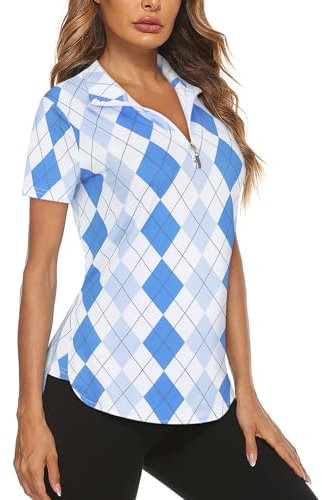 Gemulate Damen-Poloshirt, kurzärmelig, Blumenmuster, Golf, Tennis, Reißverschluss, Workout, Tank-Top, Feuchtigkeitstransport, Fitnessstudio, Sport, T-Shirt S-XXL, Blau kariert, L