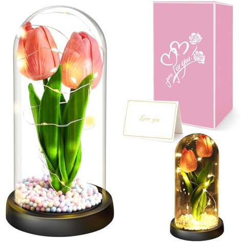 Touloube Muttertagsgeschenk für Frauen, Forever Tulip Künstliche Tulpen, Ewige Infinity Blumen im Glas, Künstliche Blumen Geschenke für Frau Freundin Mama Oma, Jahrestag, Rosa