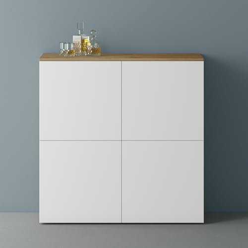 Mai & Mai Möbel Kommode Aufbewahrungsschrank mit 4 Türen in Kerneiche + Weiß matt Sideboard Schrank Mehrzweckschrank BTH: 100x36,4x98 cm Schrank04