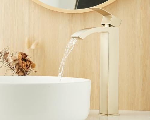 Maynosi Modern Bathroom Waterfall Basin Mixer Tap, High Rise Washroom Taps for Counter-top Basin, Tall Hot & Cold Sink Faucet, Mono Square Single Lever Mixer with Flexible Tails, Brushed Gold