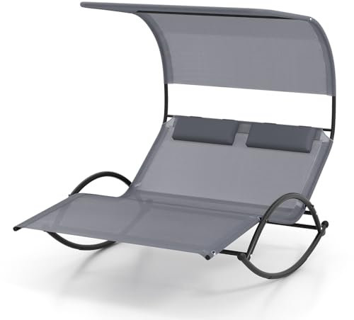 RELAX4LIFE Double Rocking Sun Lounger, 2 Person Outdoor Chaise Lounge Chair Daybed with Canopy and Headrest Pillows, Ergonomic Garden Swing Rocker Sunbed for Patio, Deck, Backyard, Poolside