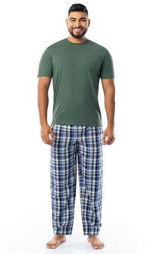 IZOD Men's Short Sleeve Jersey Top and Printed Pants Pajama Sleep Set, Green/Green Plaid