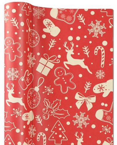FullJoyHut Rouleau de Papier Cadeau de Noël 43cm x 15M, Papier Kraft Rouge pour Emballage Cadeaux