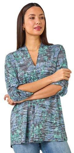 Roman Originals Leaf V Neck Stretch Jersey Top for Women UK Ladies Pleated Shirt Notch V Neck Blouse Summer Tunic Spring Pull-On Soft Evening Holiday Work Party Everyday - Blue Multi - Size 14