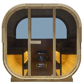 SANOTECHNIK Hanko – Sauna exterior y cabina de infrarrojos para 6 personas, 210 × 180 × 210 cm, horno Harvia de 8 kW, madera de abeto, cristal templado – Número de referencia F60180