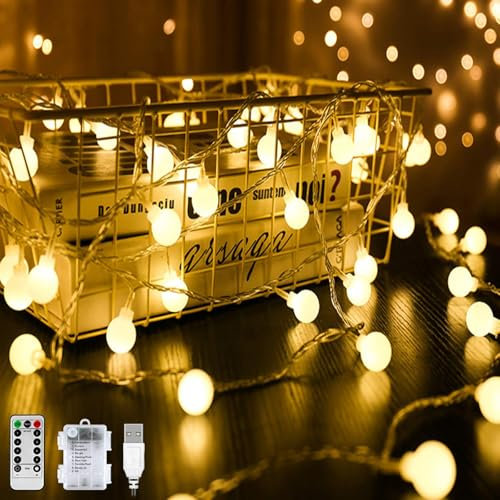10M 100LED Kugel Lichterkette, Warmweiß 8 Modi Globe Lichterkette Wasserdicht Partylichterkette mit Batteriebetrieben/USB Stecker Timer Funktion Dimmbar für Weihnachten Hochzeit Garten (100)