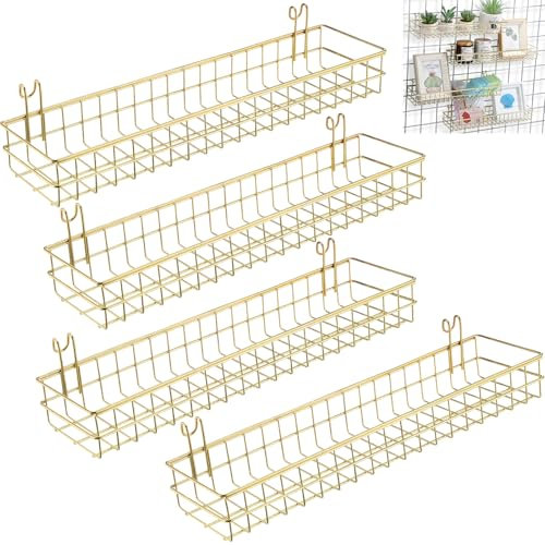 Blulu Wandkörbe aus Metall, goldfarben, mit Haken, Gitter-Wandregale, 40 x 10 x 5 cm, Drahtkorb, multifunktionaler Aufbewahrungs-Organizer für Küche, Organisation, Display