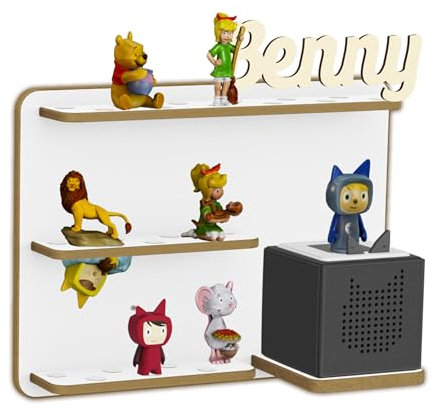 Holzura Regal für Toniebox, Wandregal für Tonie Figuren, Aufbewahrung für Tonies, Halterung für Toniebox (mit Name, Alpenweiß)