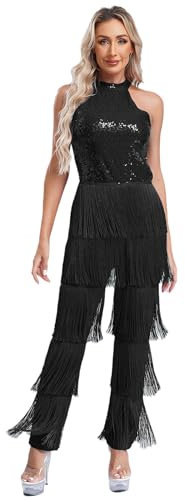 Sxiwei Damen Latein Tanz Jumpsuit Halter ärmellos Fransen Tanzbody Pailletten Top und Lange Hose Einteiler Overall Schwarz L