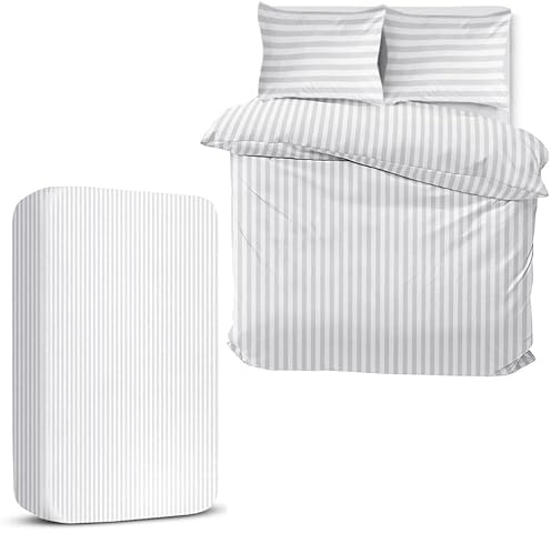 MOONLIGHT20015 Super King Duvet Set 4 Piece Satin Stripe Duvet Covers Soft Brushed Microfiber Bedding Set with Fitted Sheet & 2 Pillowcases (White, 260x220 cm)
