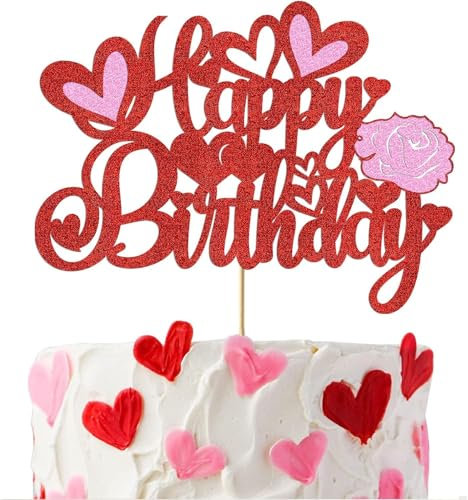 Happy Birthday Cake Topper Rot, Herz Tortendeko Rot, Kuchendeko Geburtstag Valentinstag Deko Torte mit Funkelnden Roten Herzrosen für Muttertag, Hochzeitssaison für Ehefrauen, Töchter, Mütter