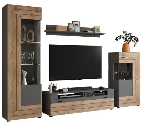 Newroom Wohnwand Eiche Anthrazit modern mit Vitrine Wohnzimmer Anbauwand | Glastür, TV-Lowboard mit Schublade, offene Fächer, Wandboard inklusive, Schrankwand, TV Möbel, zweifarbige Optik