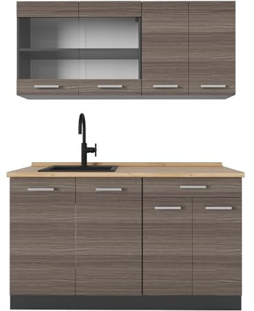 Vicco Küchenzeile R-Line, Küchenzeile Single, Edelgrau/Anthrazit, 140 cm, AP Eiche
