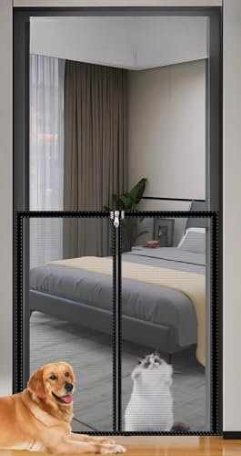 Hundeschutzgitter mit Reißverschluss & Selbstklebend, Katzennetz mit Anti-Kratz Schutz, Treppenschutznetz für Balkon/Fenster, Kindersicheres Türgitter ohne Bohren(Gray mesh black frame,80x170 cm)