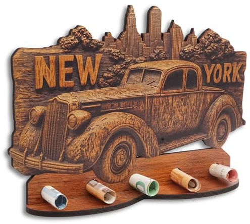 DRO Design Geldgeschenke, Geschenkverpackung Holz-Optik New York Auto Motiv – Bargeldgeschenk, Geldpräsent, Kreatives Geldgeschenk, Geburtstag, Hochzeit, Weihnachten