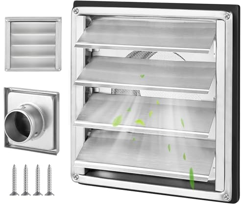 Griglia di ventilazione da 150 mm, griglia di ventilazione in acciaio inox con protezione dagli insetti, griglia di scarico con lamelle mobili, griglia di protezione dalle intemperie per cappa