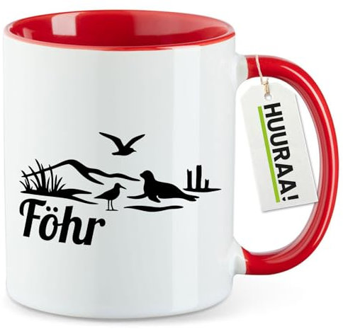 Huuraa Teetasse Föhr Strandmotiv Geschenk 330ml Rot Föhr Präsent