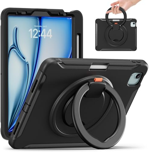 Sac pour tablette PC, étui Coque de protection hybride antichoc avec poignée rotative et support, compatible avec iPad Air 11 pouces M2 (2024, A2902, A2903, A2904), design adapté aux enfants(Svart)