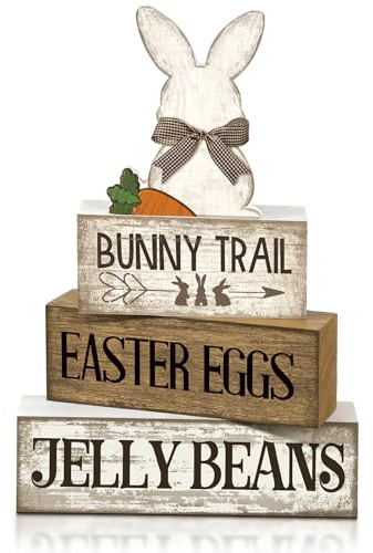Lineshading 4 Pcs Easter Day Tabletop Decor Wooden Rabbit Tiered Tray Decor Rustic Easter Wooden Block Sign Cute Bunny Centerpiece Farmhouse Holiday Table Decoration for Kitchen