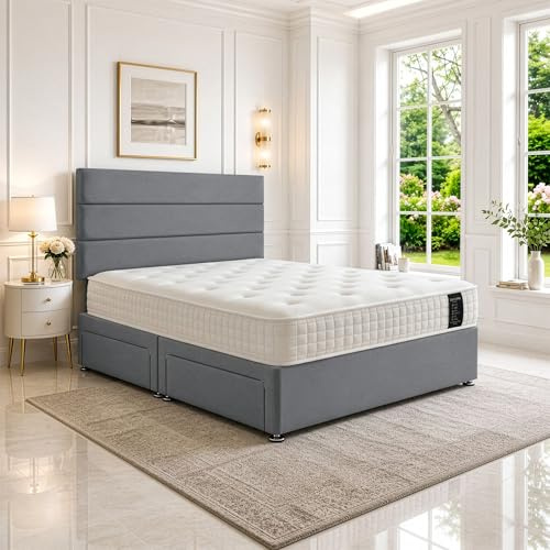 SANA SLEEP Double Bed with Orthopaedic Mattress & 2 Drawers - 4FT6 (sierra grey Fabric) - Stylish Divan Set for Comfortable Living - Durable Frame for Cosy Bedrooms - Luxurious Bed for Modern Homes