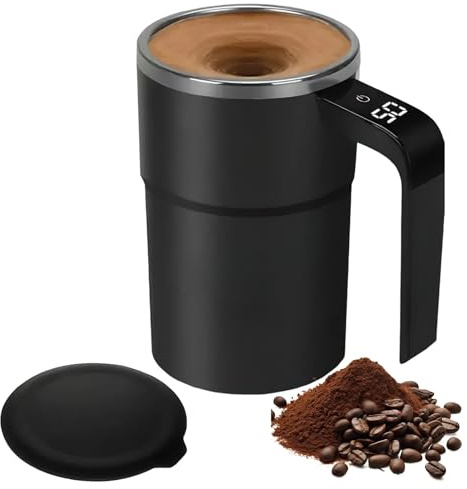 Electric Self Stirring Coffee Mug with Sliding lid and Cleaning Tools,380Ml Automatic Mixing Cup, Temperature Display,13.5 OZ Capacity, Rechargeable Self Stirring Mug for Coffee, Milk, Cocoa (Black)