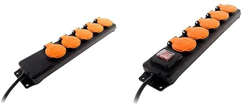 Zenitech - Bloc Étanche 5 Prises 16A 2P+T IP44 avec Clapets + Bloc Étanche IP44 5 Prises avec Interrupteur et Câble 1,5 m - Alimentation Extérieure Sécurisée - Noir/Orange
