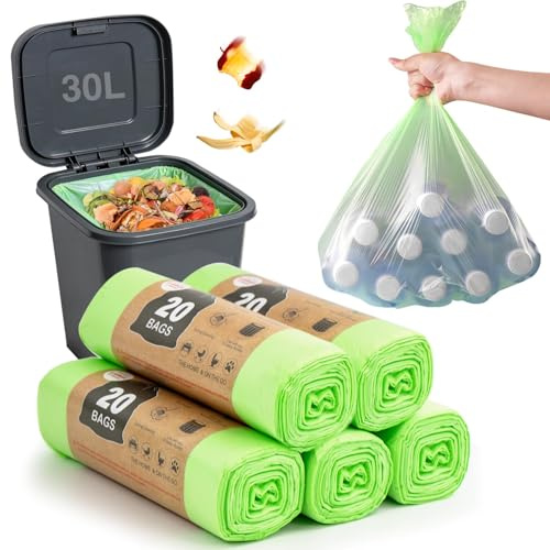 Bin Bags 30L Compostable Food Waste Bags - 100 Count | Bin Liners Biodegradable, Food Waste Bags Recycling Bags for Kitchen,Bathroom,Office,Home,Garden,Pet