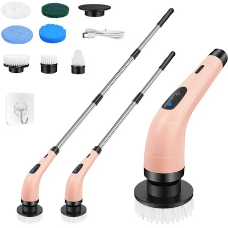 Cordless Cleaning Brush, Electric Spin Scrubber with 1500mAh Battery, 2 Speeds & 350RPM Electric Spin Scrubber, 7 Replaceable Cleaning Heads with Detachable Handle for Kitchen & Home Cleaning,Pink