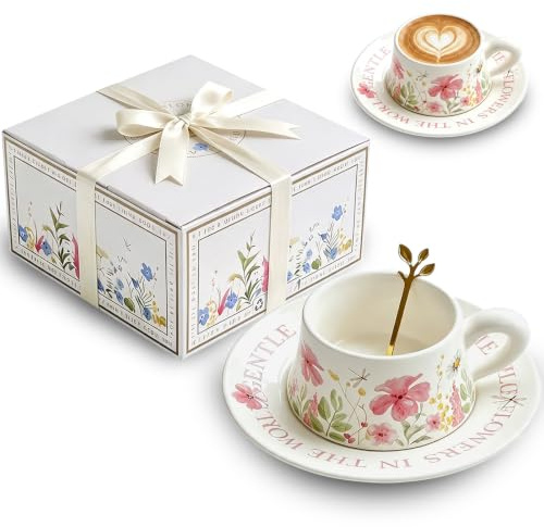 atrccs Unique Birthday Gifts for Women, Coffee Mug Gifts for Mom Her Sister | Exquisite Well-wrapped Gifts for Women, 300ml Coffee Cup and Saucer Set, Thickened Ceramic Cup, Dishwasher and Microwave Safe
