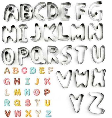 Lot de 26 emporte-pièces en forme de lettres de l'alphabet A-Z en acier inoxydable pour biscuits, fondant, gâteau, accessoires de pâtisserie DIY pour fête d'anniversaire