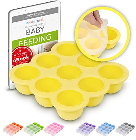 Kiddo Feedo - Der original Gefrierbehälter mit Silikondeckel zum portionierten Einfrieren von Babynahrung - BPA-frei - 9 x 75ml - Gratis eBook mit Ernährungstipps - Gelb