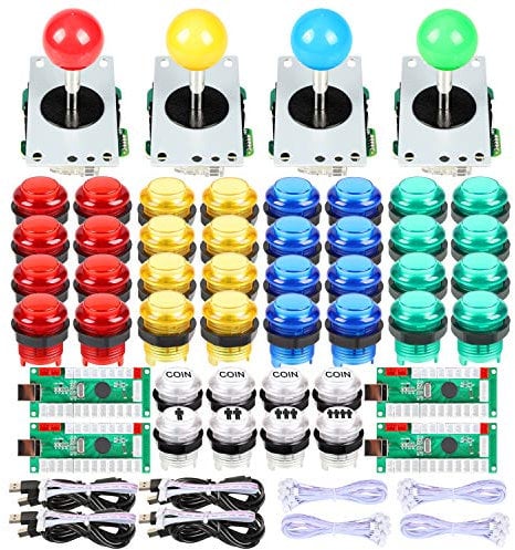 EG STARTS 4 Player Classic DIY Arcade Joystick Kit Parts USB Encoder para PC Juegos de Controles 4/8 Way Stick 5V led Botones iluminados para Videojuegos Consolas Mame Raspberry Pi y 4 Colores