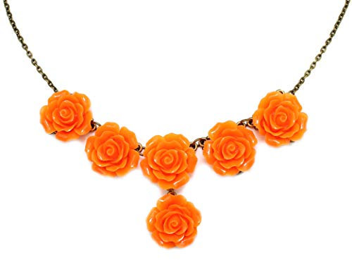 bluebubble English Rose Vintage Style Citrus Orange Carved Rose Statement Bib Necklace on Gift Card