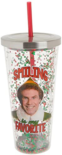 Spoontiques 21330 Elf Smiling Glitter Cup w/Straw, Acrylic Stainless Steel, Red & Green