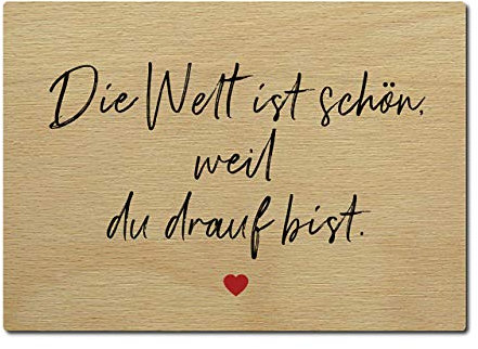Interluxe Postkarte aus Holz Die Welt ist schön, weil du drauf bist DIN A6 105x148mm Karte Echtholz Spruch Liebeserklärung