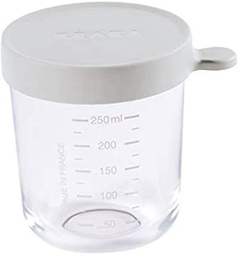 BÉABA, Portion Conservation Repas Bébé/Verre Extra Résistant, Made in France, 100% Hermétique, Résiste à la chaleur et Choc thermique, Congélation, Stérilisation, Graduation, 250 ml, Light Mist