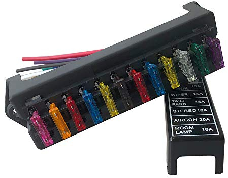 QitinDasen Premium 12-vägs säkringsbox med kablar, universell standard bladsäkringshållare, bilsäkringsblock, med 10 st gratis standardbladsäkringar (12 V/24 V/32 V/48 V)