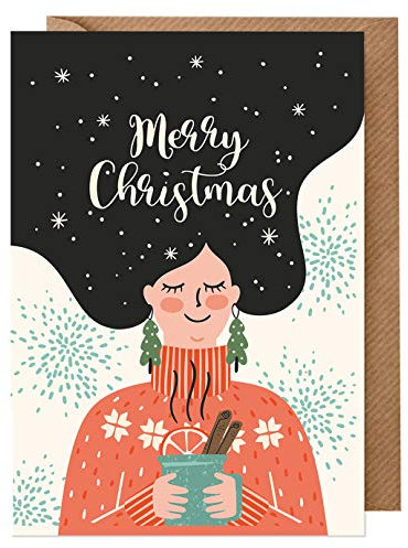 dabelino Karte Weihnachten: Weihnachtskarte mit Umschlag Frau mit schwarzen Haaren (für beste Freundin, Ehefrau, Schwester, Mutter, Diversity, öko, umweltfreundlich)