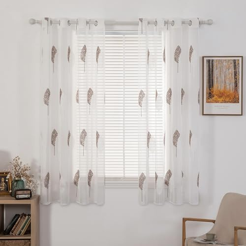 MIULEE Kurz Vorhänge Transparent mit Kaffee und Weiss Blätter Muster, Modern Stickerei Gardinen Ösen Für Kleines Fenster Kurzgardine, 2er Set Schöne Blätter Muster Vorhang Fenster H 160 x B 140