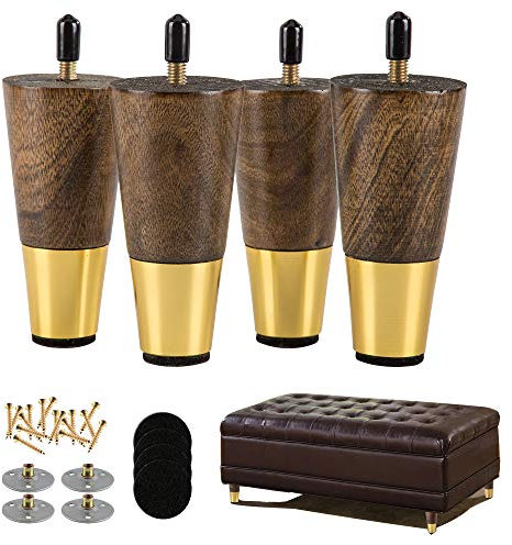 ALAMHI Wood Furniture Leg Sofa Legs 4 Inch Brown Round Tapered Mid-Century Modern Feet with Brass Base Replacement Legs for Cabinets,Coffee Table,Ottoman,TV Stand,Loveseat,Armchair Set of 4