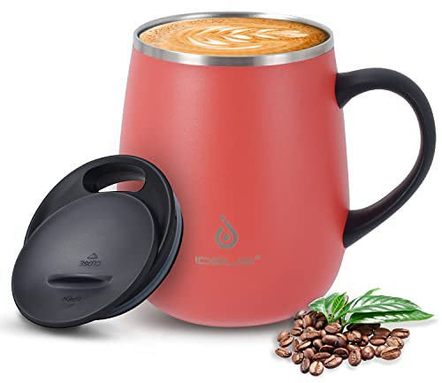 Ideus Coffee Mug 470ml (16oz), Double Wall Vacuum Insulated Stainless Steel Coffee & Tea Cup w/Non-Slip Handle & Slider Module Lid & Large Volume (Jellyfish Red)