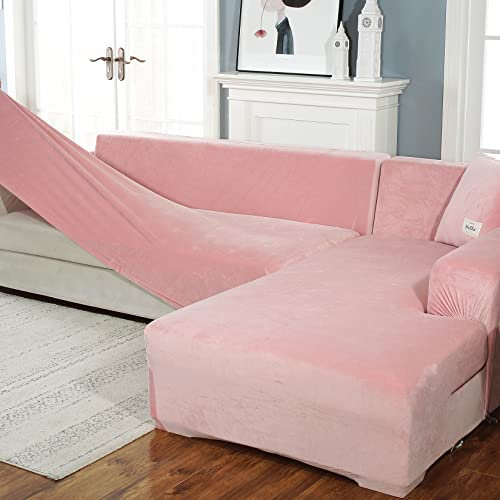 CLGTY Stretch Sofabezug L Form Samt Stoff, 2 Stück Sofa Überwürfe Ecksofa Mit Elastisch Unterseite, Möbelschutz Für Kind Pet Katze Hund-Rosa-Medium 3+3 Sitzer