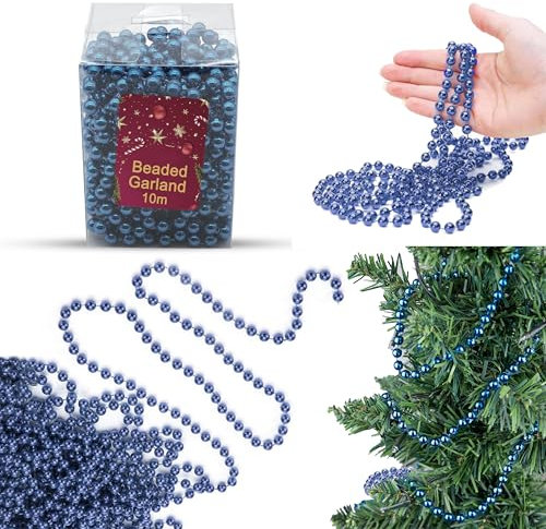 HOVUK® 10M Shiny Bead Garland, Shatterproof Blue Bead Chain, Plastic Pearl, Classic Traditional Luxury Christmas Tree Decoration